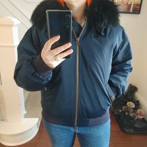 No Label Fur Lined Navy Bomber Jacket Size Small